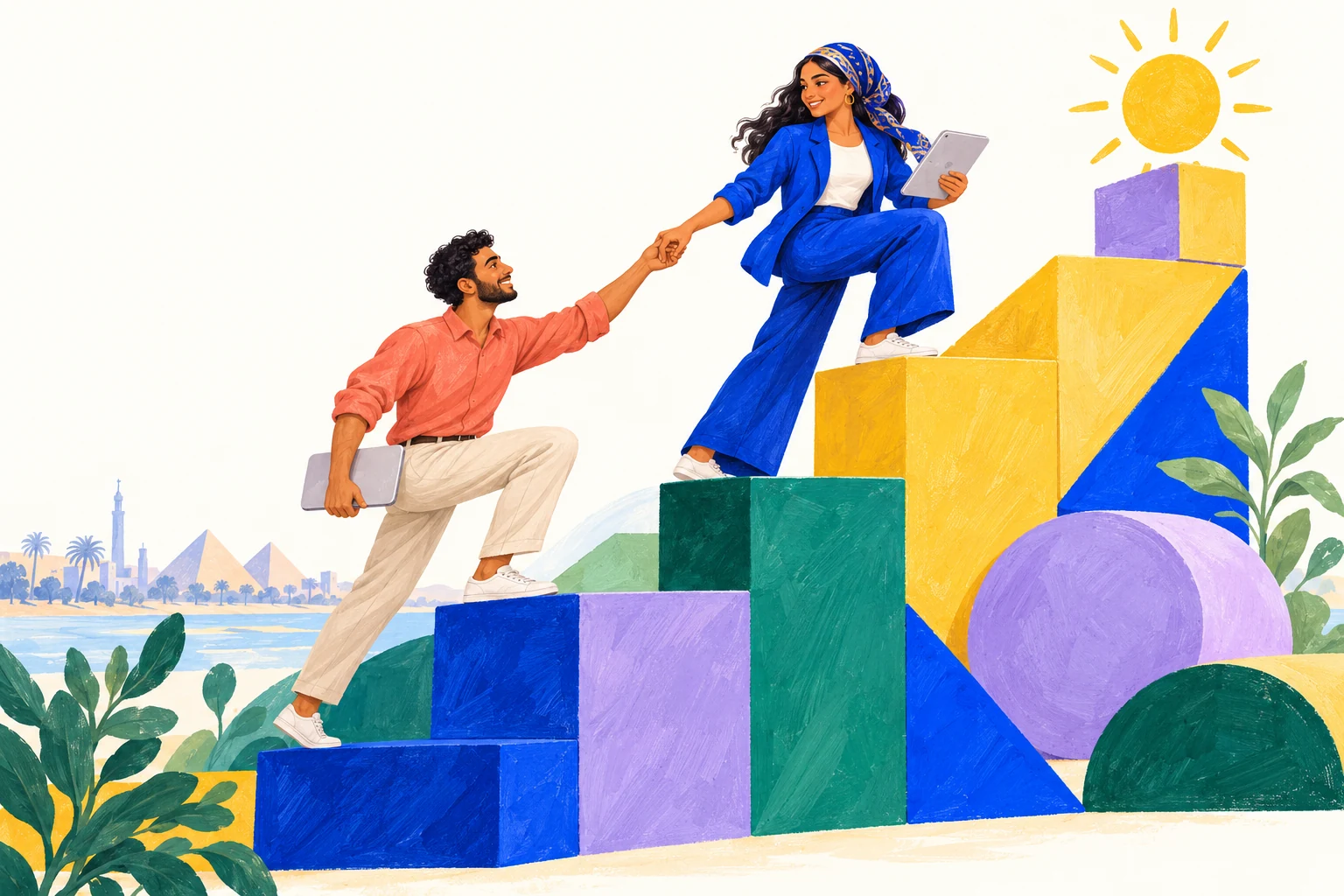Two professionals helping each other climb colorful steps toward their ambitions
