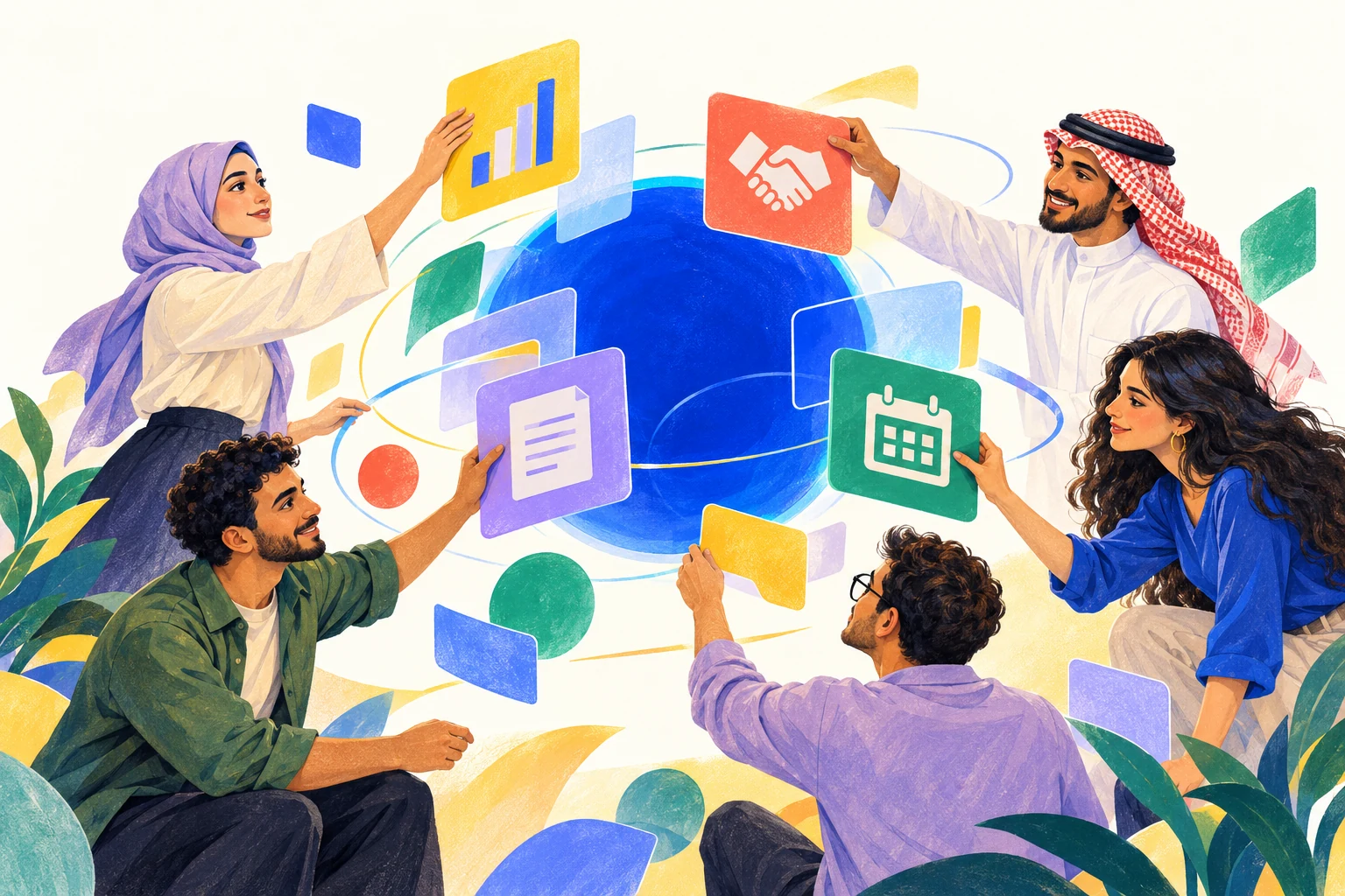 A diverse team collaborating around colorful connected business tools